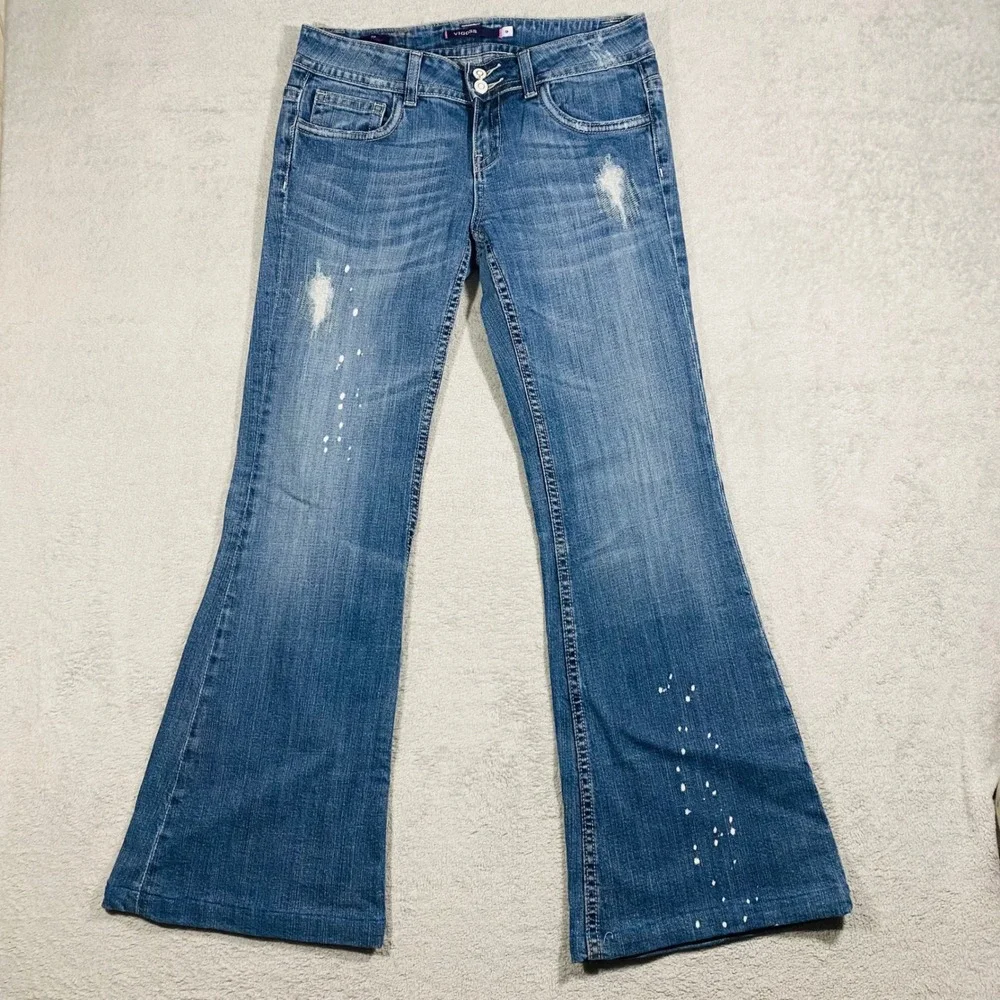Vigoss Flare Jeans Women 9 Blue Distressed Paint Splatter Embroidered Low‎ Rise